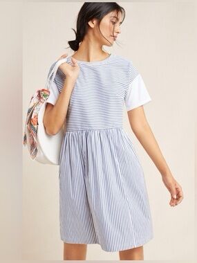 Anthropologie Blue and White Striped Short-Sleeve Mini Dress